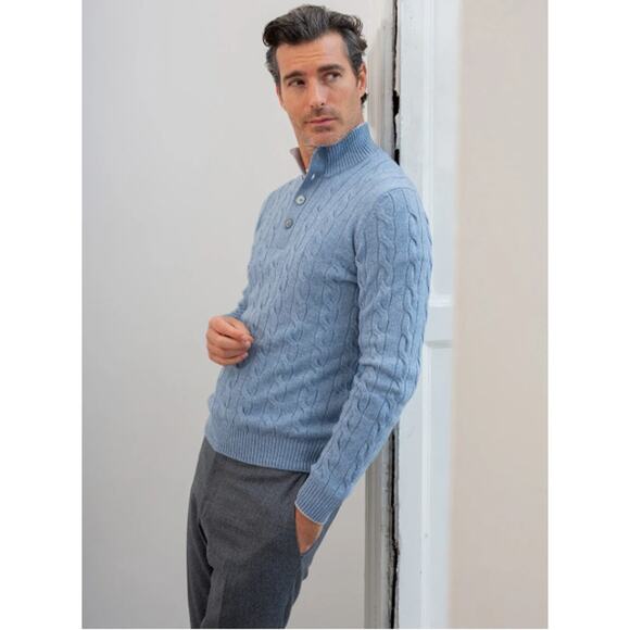 Gran Sasso Made in Italy Mens Cable Knit Sweater Wool Cashmere Blue Preppy XL - Picture 2 of 8